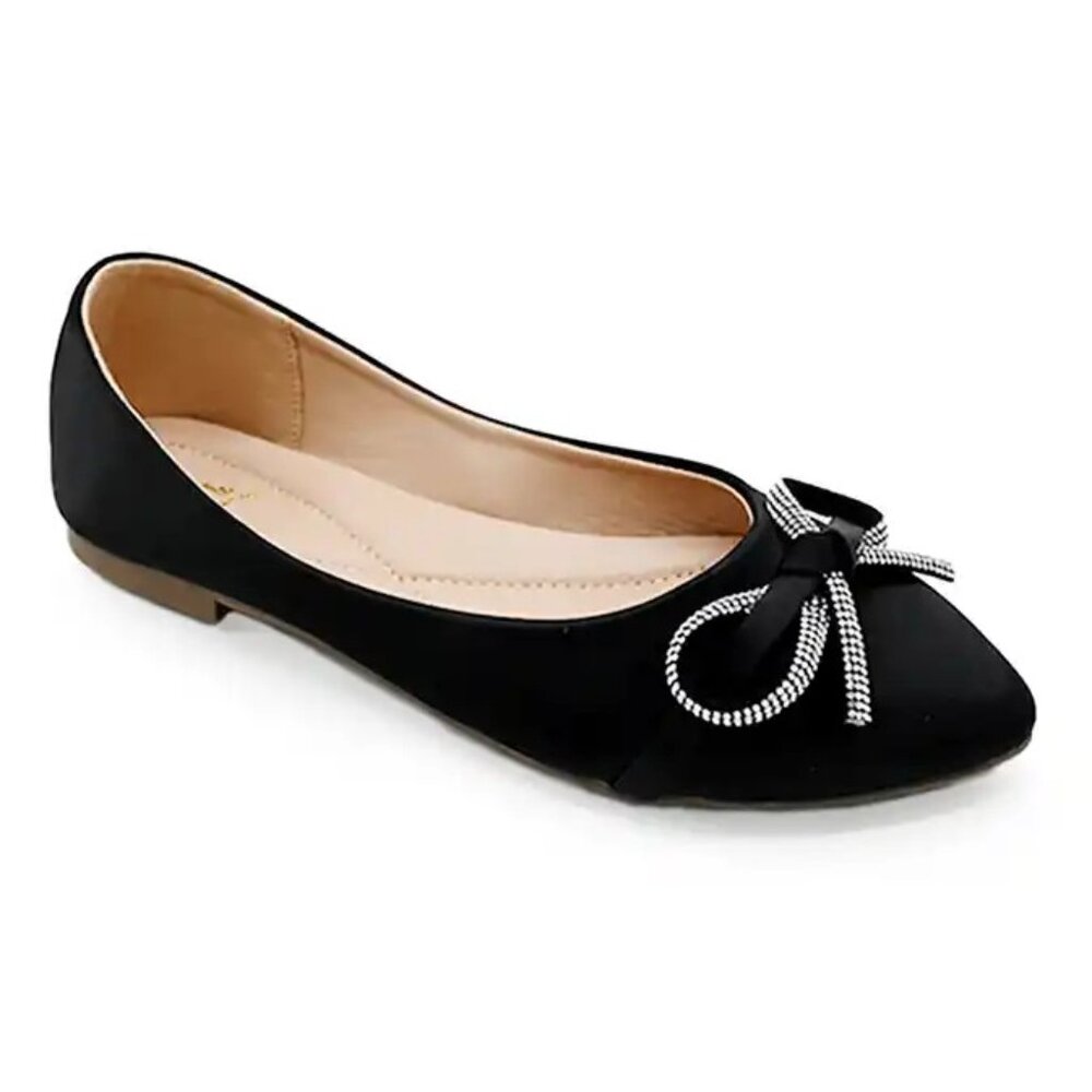 Women’s Black Ballerina Flats – Rhinestone Bow Accent – Classic Pointed Toe